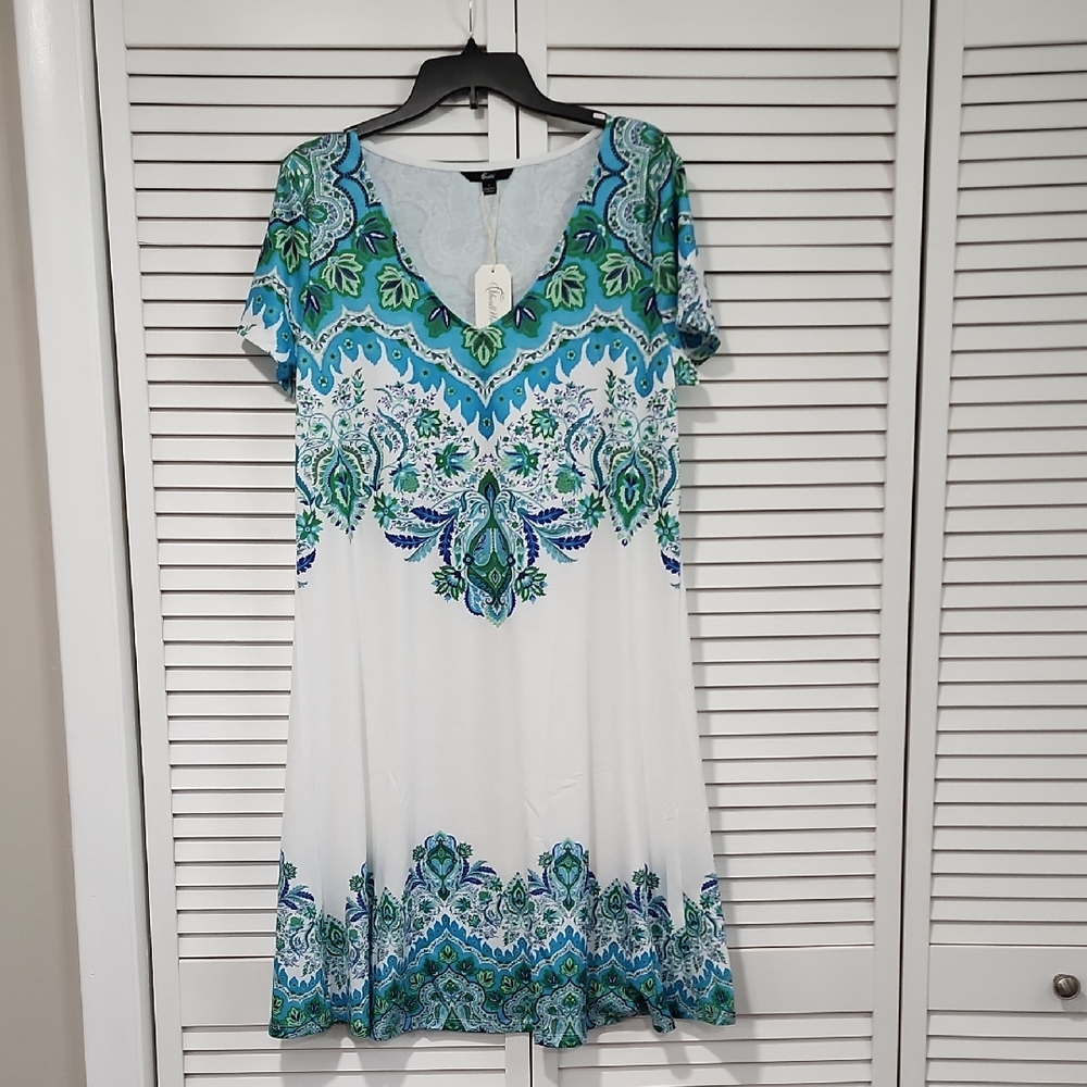 Shall We Calypso Print Women's Blue & Green Print Design Midi Dress. Large.